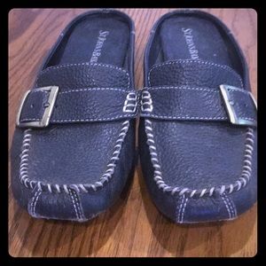 Blue leather slide on shoes